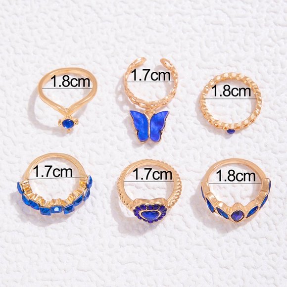 3/$35 6 Piece Joint Knuckle Rings Set Stackable Gold Blue Heart Charm Crystal - Picture 4 of 9